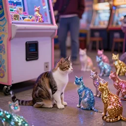 the cat is sitting on the ground near an arcade and has an infinite number of colorful shiny cats