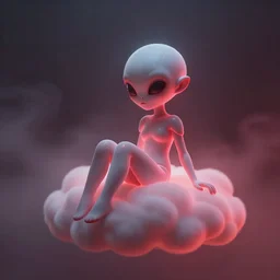 a cute alien girl sitting on a cloud relaxing, misty, glows, digital art, hazy, foggy, red lighting, ambient lighting, 8 k, neon, synthwave, cyberpunk,