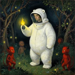 man in white beekeeper polar bear suit with fireflies in the thorn garden, small devil creatures. painting by mikalojus konstantinas ciurlionis, bosch, max ernst, agnes pelton, rene magritte