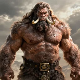strongman hairy orc with big muscle, thick body hair, mane - like hair and beard, tusks, manliness, digital painting, high resolution