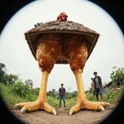hut with big chicken legs, greg rutkowski, zabrocki, karlkka, jayison devadas, trending on artstation, 8 k, ultra wide angle, zenith view, pincushion lens effect