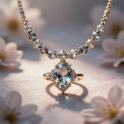 intricate! organic, nordic wedding ring, necklace, gemstones, dreamy floral background, refraction, occlusion, lower and upper levels, keyshot render, octane render, vray render