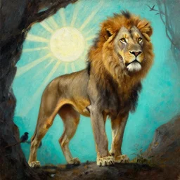 close up of skinny lion barbarian hunter full body in portrait pose, sun rays , small bird sihouettes  in cyan background , very textured detailed  oil painting by rembrandt , hard backlight , in dark cave