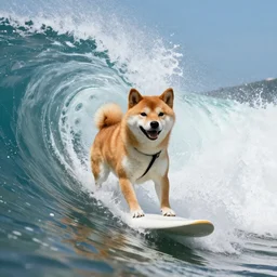 a shiba inu surfing a giant wave, looking heckin cool and stylish