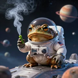 toad in space smokes grass, singularity, spaceship, planets, 4 k, beautiful, in a spacesuit, high quality