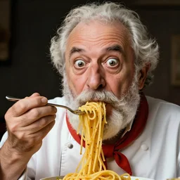 extremely detailed portrait of old italian cook, spaghetti mustache, slurping spaghetti, spaghetti in the nostrils, spaghetti hair, spaghetti beard, huge surprised eyes, shocked expression, scarf made from spaghetti, full frame, award winning photo by jimmy eolo perfido