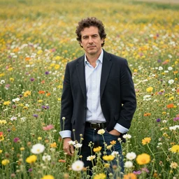 Guillermo Francella in a field full of flowers, photo realistic