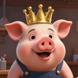 Ultra realistic and intricate studio shot of pig worker wearing a gold crown in the style of pixar, hyper realism, movie shot, full hd, Vibrant colors, Smooth gradients