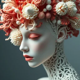 intricate hyper detailed ultra sharp biomechanical beautiful porcelain woman, close - up, sharp focus, studio light, iris van herpen haute couture coral flower cyberpunk headdress made of fractal tendrils, rhizomorphs, brackets, colorful corals, mushrooms, puffballs, octane render, 8 k, ultra hd,