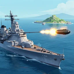 the wwii battleship USS iowa firing a nuclear warhead at an island fortress in the style of william turner coastal landscape. dramatic concept art, 4k, high detail, volumetric lighting