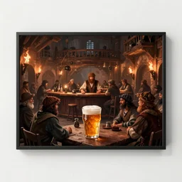 Ordering a Drink from a Medieval Tavern. Cozy Atmosphere. Crowded Bar. Large Room. Torch Lit. Beautiful Digital Art, by talented Fantasy Artist. 4K HD Wallpaper Premium Prints Available.