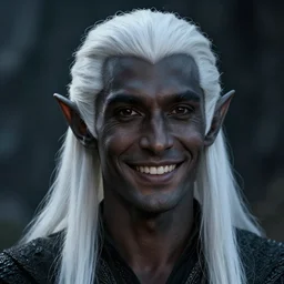 a portrait of a dark drow elf male, long length slick white hair, charcoal skin, smooth skin, young adult in with late twenties, happy, pointed chin, charcoal color skin, curious expression, style by donato giancola, wayne reynolds, jeff easley dramatic light, high detail, cinematic lighting, artstation, dungeons and dragons