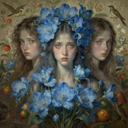 breathtaking detailed concept art painting of goddesses of light blue flowers with anxious piercing eyes and vintage illustration pattern background blend of flowers and fruits and birds, by hsiao - ron cheng and beto val and john james audubon, bizarre compositions, exquisite detail, extremely moody lighting, 8 k