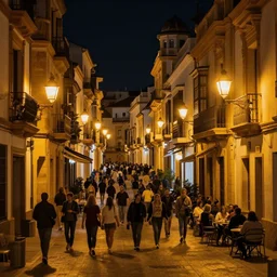 cadiz street at night, andalucia, cozy, crowded, street lights everywhere, 8K, trending on artstation, golden ratio, rule of thirds, low key, establishing shot, extremely high detail, concept art