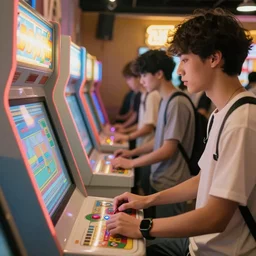 young people playing arcade machines, 7 0 s airbrush