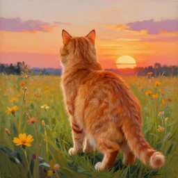 a painting of an ultra realistic highly detailed orange cat standing in a field of flowers watching the sunset from behind by craig mullins, trending on artstation, color field, concept art, artstation hd, matte drawing