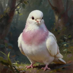 portrait of a cute pigeon as a swordsman in the forest:: in the style of charlie bowater, Joshua Middleton, Disney realistic:: oil painting::