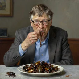 a ultra realistic oilpainting of Bill Gates eating worms and bugs, moody, Bill Gates sits at a table with a plate full of insects, 8k, horrible nasty,