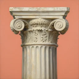 achingly beautiful painting of intricate ancient roman doric capital on coral background by rene magritte, monet, and turner. giovanni battista piranesi.