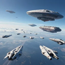 massive alien armada space fighters and space warships huge space cargo carriers line the sky to invade planet earth sunset horizon beautiful photography lifelike intense maximalist photorealistic by greg rutowski and victo ngai hyperrealism