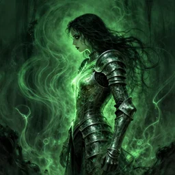 side profile, imogen poots, possessed, d & d, corrupted armor, luminescent, haunted, evil inky swirly ripples, sickly green colors, by greg manchess, huang guangjian, gil elvgren, sachin teng, greg rutkowski, jesper ejsing, ilya kuvshinov