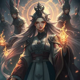 an concept art of the korean queen surrounded by magic guards, long hair, makeup, intricate details, detailed face, detailed short dress, one central character, artstation, epic pose, colourful light, by kentaro miura and masanoriwarugai