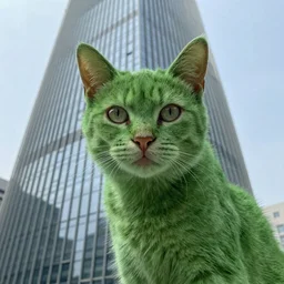 portrait of green cat on a skyscraper, photorealistic