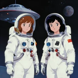 a film still of a 1 9 5 0's anime girls in spacesuits from ufo at another planet лопр, full body mid shot, perfect art, trending on pixiv fanbox, painted by gaston bussiere, makoto shinkai, akihiko yoshida, craig mullins, studio ghibli
