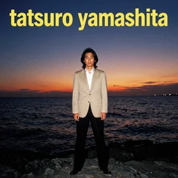 japanese man with long hair wearing a beige suit and black pants standing in the ocean, facing the camera, sunset, night, wide shot, ((tatsuro yamashita)), album cover, 1980s japan, grammy award winning