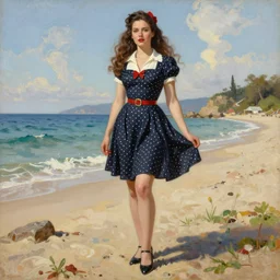 realistic photo, woman, dressed in pin up style, long hair, beautiful legs, beach, sun, stylish, ultra detailed, proportional, greg hildebrandt fancy rococo baroque regal oil painting high quality