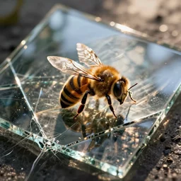a slab of glass that is cracked and the way it cracks look like a bee