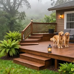 backyard deck in misty lush landscape with multi levels and rich wood, gas lanterns, fern and golden retrievers