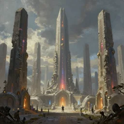 pulp fantasy concept art painting of an alien civilisation, sacred monoliths, futuristic, technocracy, shrines, by greg rutkowski and james gurney
