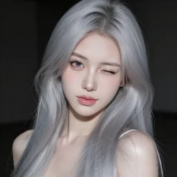 portrait of beautiful japanese girl, long silver hair, winking to camera