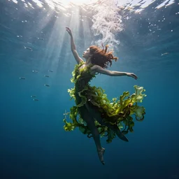 manshaped swirling smoke beside woman dancing underwater wearing a flowing dress made of seaweed, school of tiny silver fish in the distant background, octane render, caustics lighting from sunlight above, cinematic