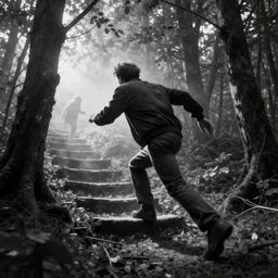 scared of the man down stairs, running to hide in the woods, but he found me, hazy memory, volumetric, dark black and white in the style of alvin schwartz, epic angles