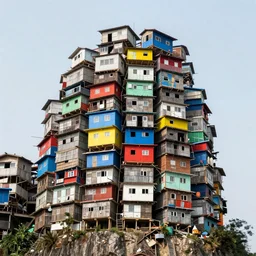 huge towers made up of stacked brutalist squatter shacks and makeshift shelters with bright colours, suspending over a cliff, mamiya, f 1. 7, uniform plain sky, fine details, photographed by frans lanting