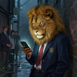 A digital painting of a teenage lion in a dark rainy alleyway wearing school uniform while scrolling on his bright phone, by Stanley Artgerm Lau, frank frazetta, Rossdraws, James Jean, gerald brom, Andrei Riabovitchev, Marc Simonetti, and Sakimichan, trending on artstation, SFW version