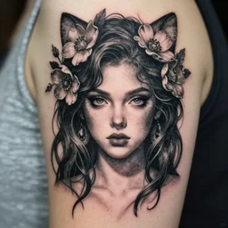 tattoo design, stencil, beautiful portrait of a girl with flowers in her hair, upper body, by artgerm, artgerm, digital art, cat girl