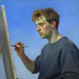 artist painting blue sky by Edward Hopper. 8K. Extremely detailed.