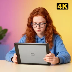 a professional photo of ginger teen in glasses experiences her new e - ink tablet sitting behind a table, professional photo, iphone photo, vibrant colors, 4 k