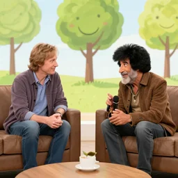 Jordan Peterson meeting Bob Ross and painting happy trees during a relaxing interview by Greg Hildebrandt