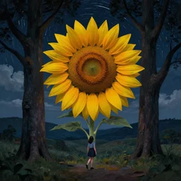 giant sunflower as a face, girl walking between big trees, hills, surreal photography, dark night, star trails, dramatic light, impressionist painting, clouds, digital painting, artstation, simon stalenhag
