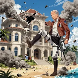 joe biden, as a titan, kicking a florida mansion, attack on titan, anime key visual, wit studio official media, beachfront mansion, huge smashed mansion, giant kicking foot, smoke and rubble, high detail, stomping, stomping, stomping