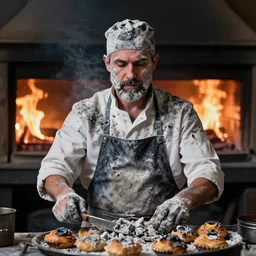 proud cook covered in ashes, with oven on fire in the background, burned pastries, high quality picture