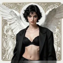 character design by artgerm, cushart krenz, greg rutkowski and alphonse mucha. ( ( ( portrait of a black - haired angel in a black bra and a black jacket ) ) ) sharp edges. ultra clear detailed. 8 k. ultra detailed, elegant, intricate, octane render.