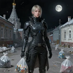 A portrait of a cyberpunk person with plastic bags on the street of Russian sleeping quarters on the Moon, at night, Norilsk, sci-fi, fantasy, intricate, very very beautiful, elegant, ENDLESS NIGHT, highly detailed, digital painting, artstation, concept art, smooth, sharp focus, illustration, art by artgerm and greg rutkowski and alphonse mucha
