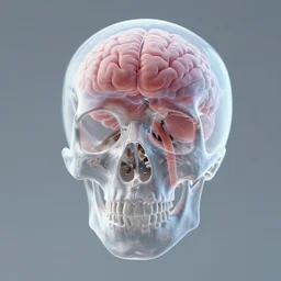 a 3D render of a transparent skull containing brains