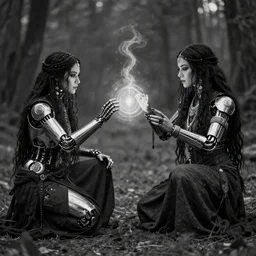bw photo of a two cyborg gypsy shaman doing magic