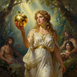 eris, greek goddess of chaos, holding an reflective gold!!! metal apple, goddess of chaos, in the garden of eden, god rays, volumetric lighting, by michael cheval, peter mohrbacher, boris vallejo, jessica rossier, oil painting, highly detailed, cinematic lighting, unreal